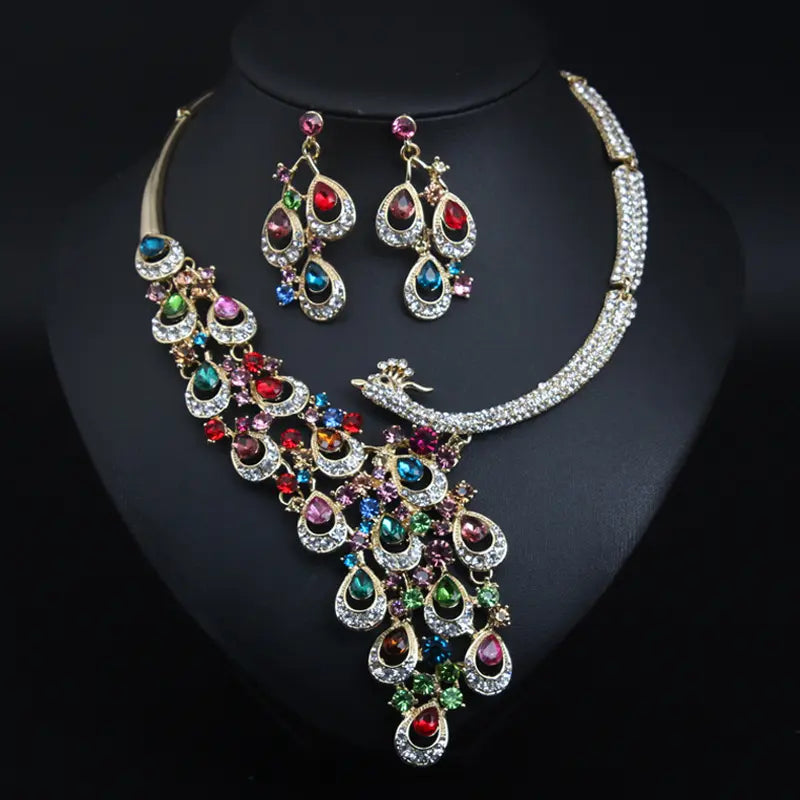 Luxury Multicolor Crystal Peacock Necklace and Earrings Jewelry Set