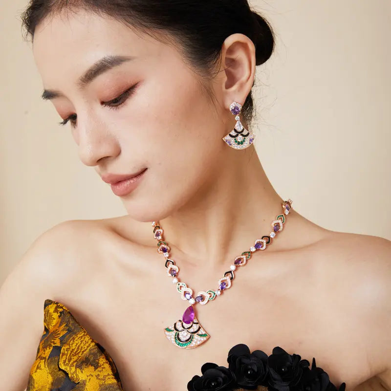 Collier Gala Éventail Violet Plaqué Or Fantaisie