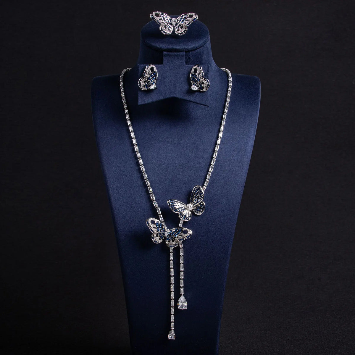 Luxury Purple Butterfly Crystal Necklace Earrings Ring Jewelry Set