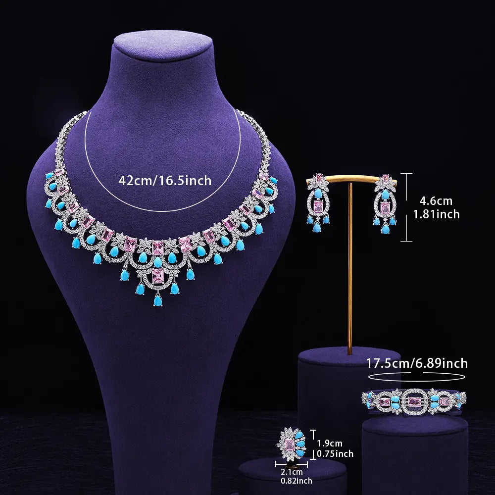 Schmuckset Luxus Rosa Türkis Kristall Halskette Ohrringe Armband Ring