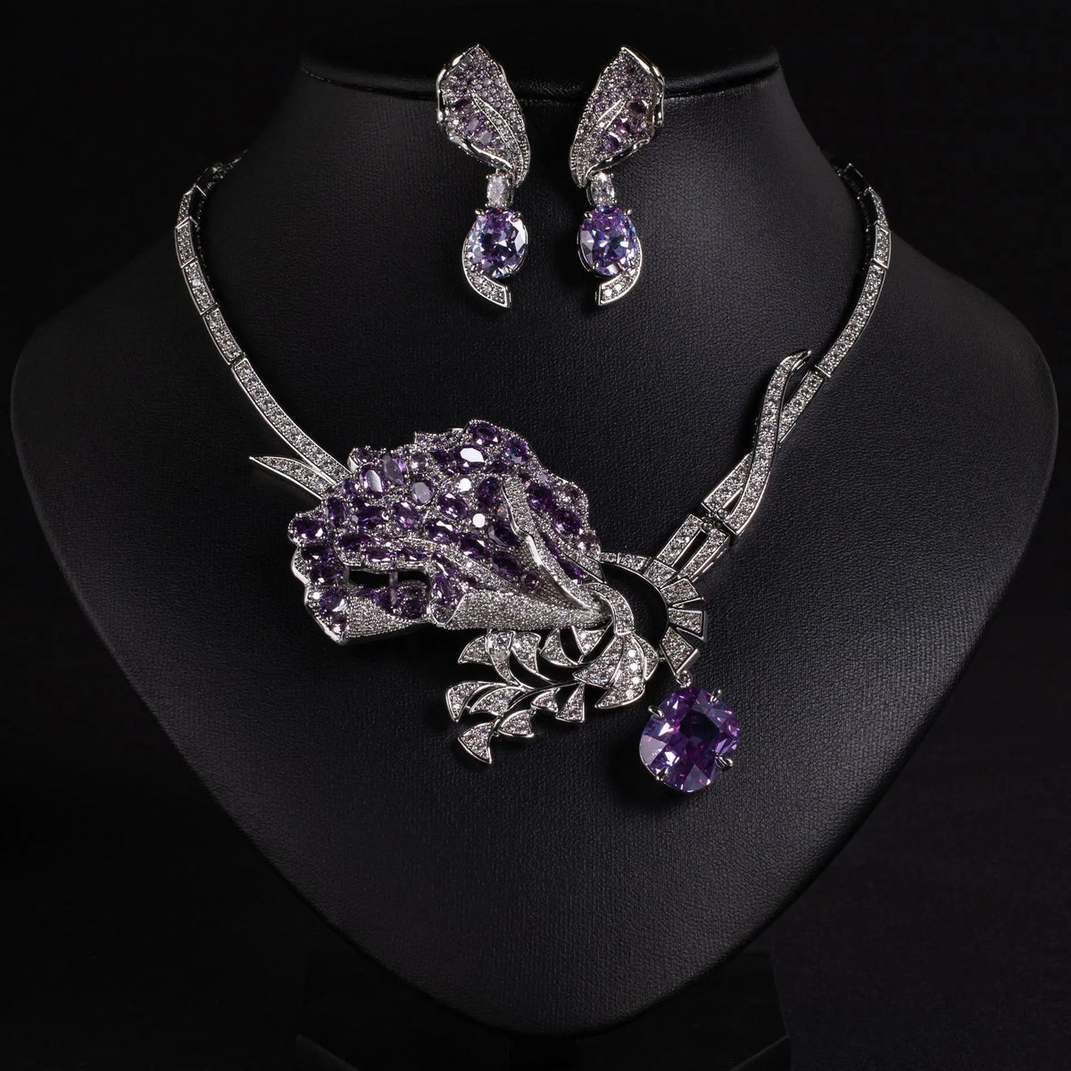 Luxury Emerald Rose Statement Jewelry Set – Crystal Necklace Earrings for Women
