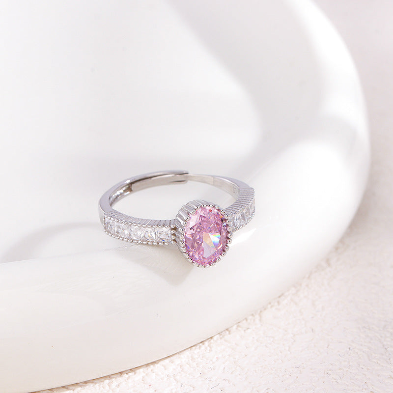S925 Sterling Silver Pink Diamond Sparkle Adjustable Ring