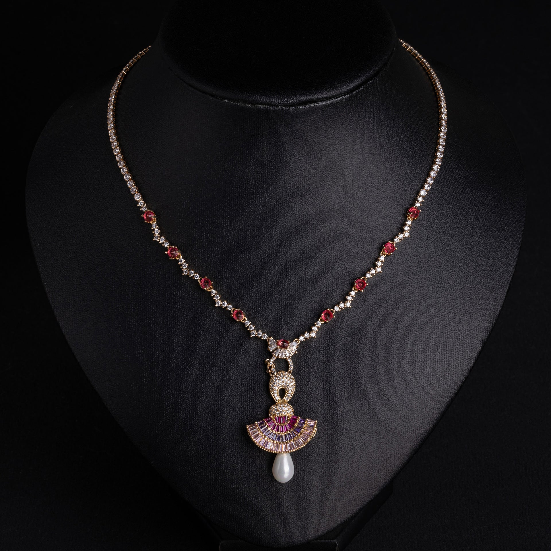 Luxury Red Purple Crystal Fan Pendant Necklace Set with Pearl Drop – Statement Evening Jewelry for Women