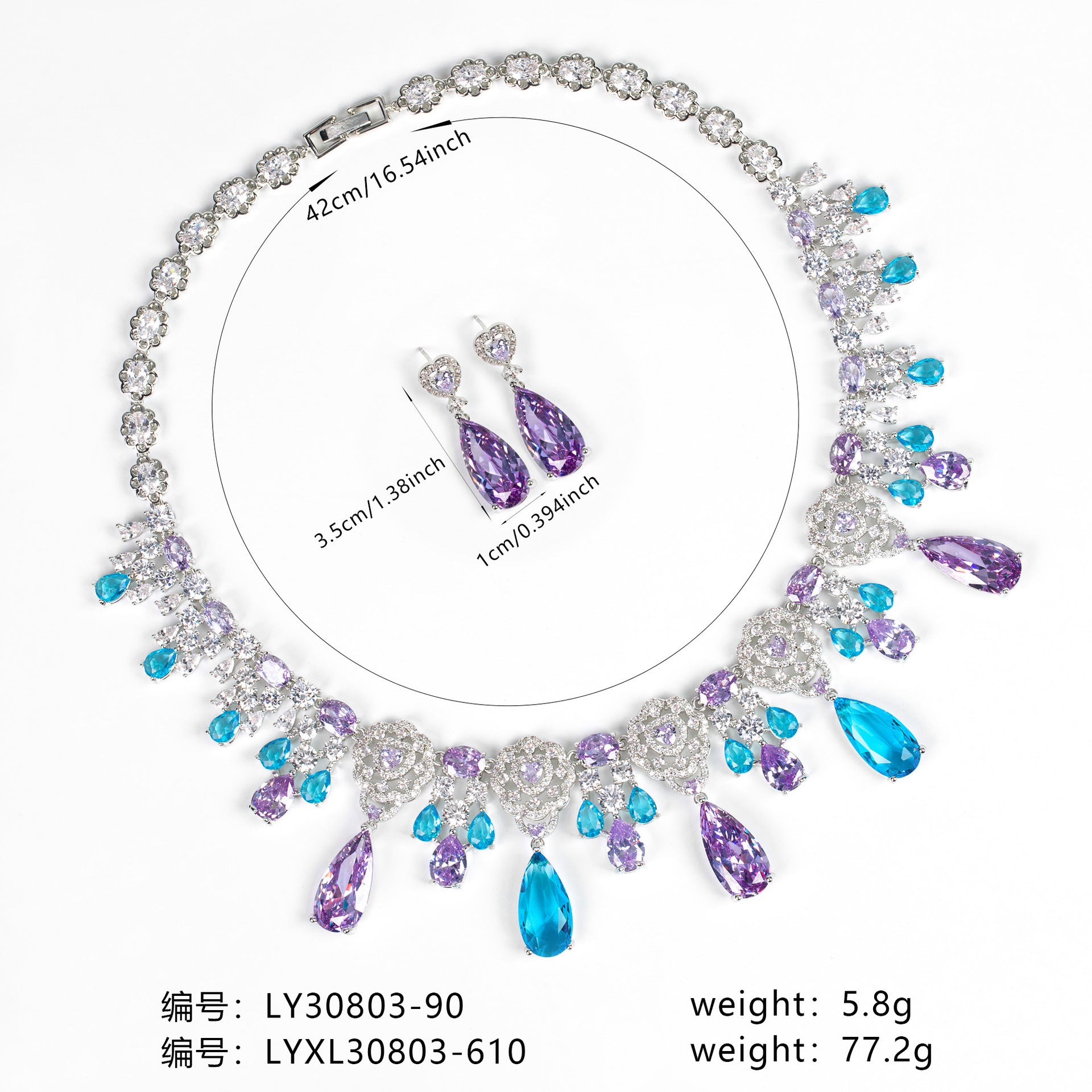 Luxury Purple & Blue Gemstone Statement Necklace Set for Women – Floral Jewelry with Matching Earrings