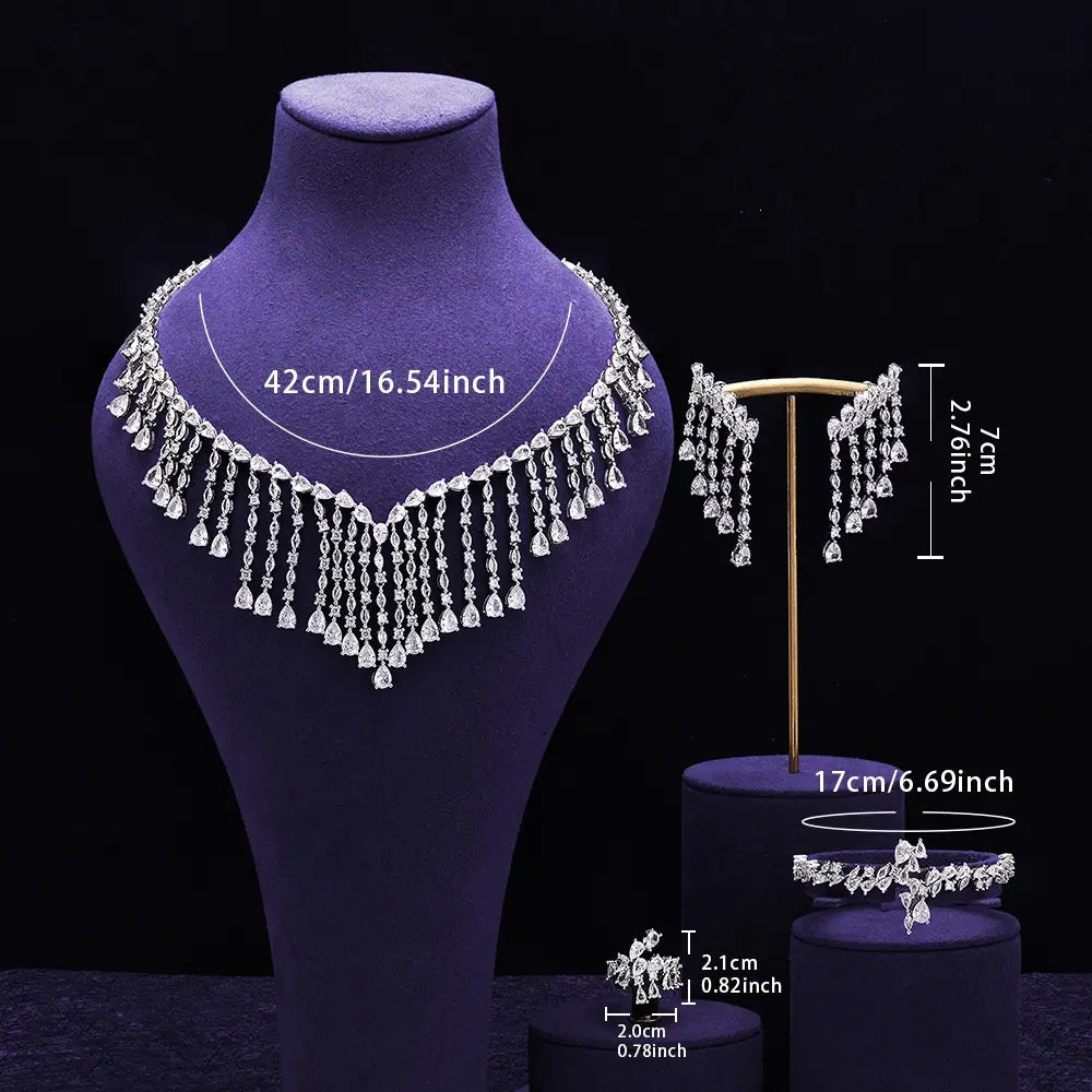 Luxury Silver Crystal Fringe Necklace Set Earrings Ring Bracelet Bridal Wedding Statement Jewelry for Women Elegant Sparkling Set