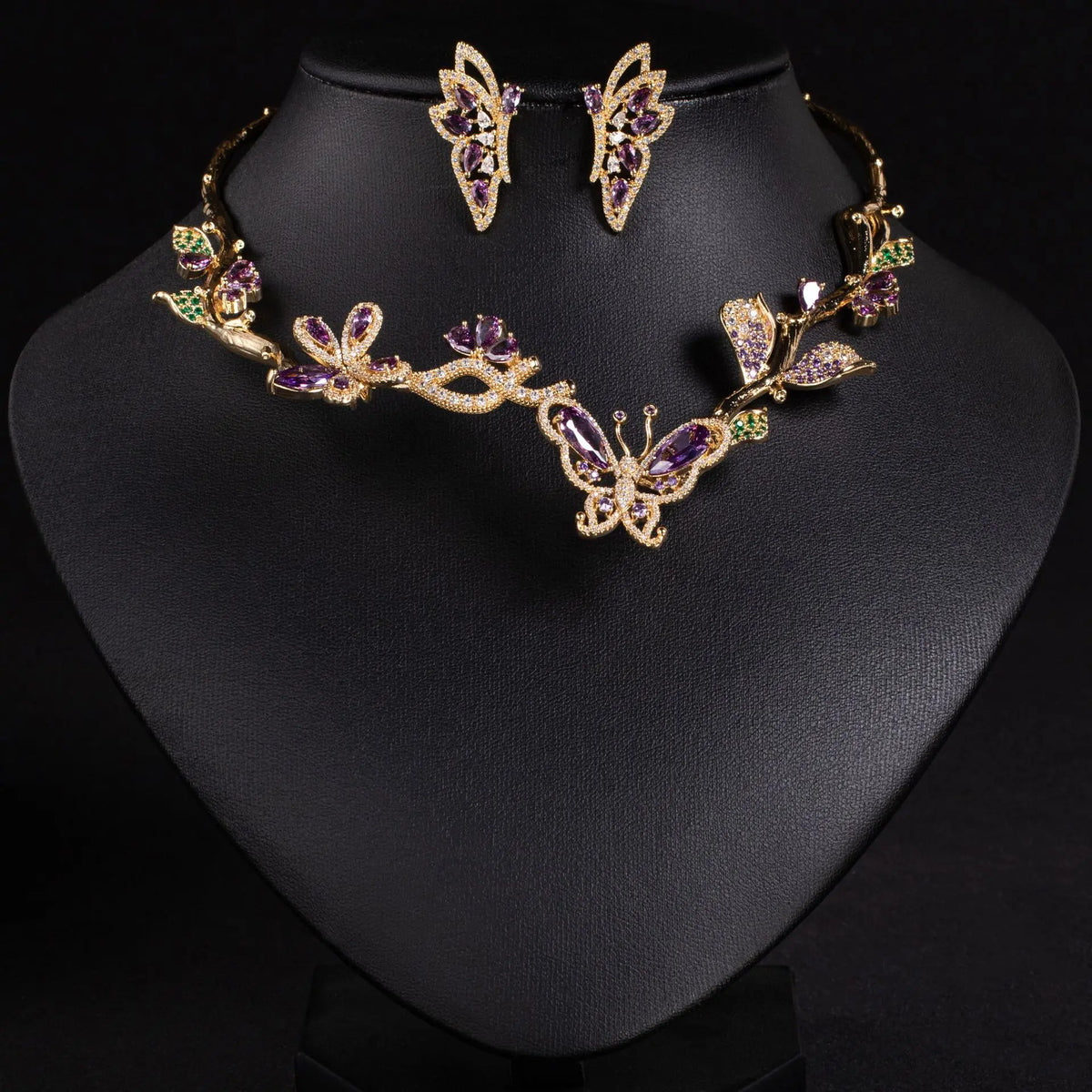 Parure collier et boucles d'oreilles papillon 3D en zircon, style léger luxe