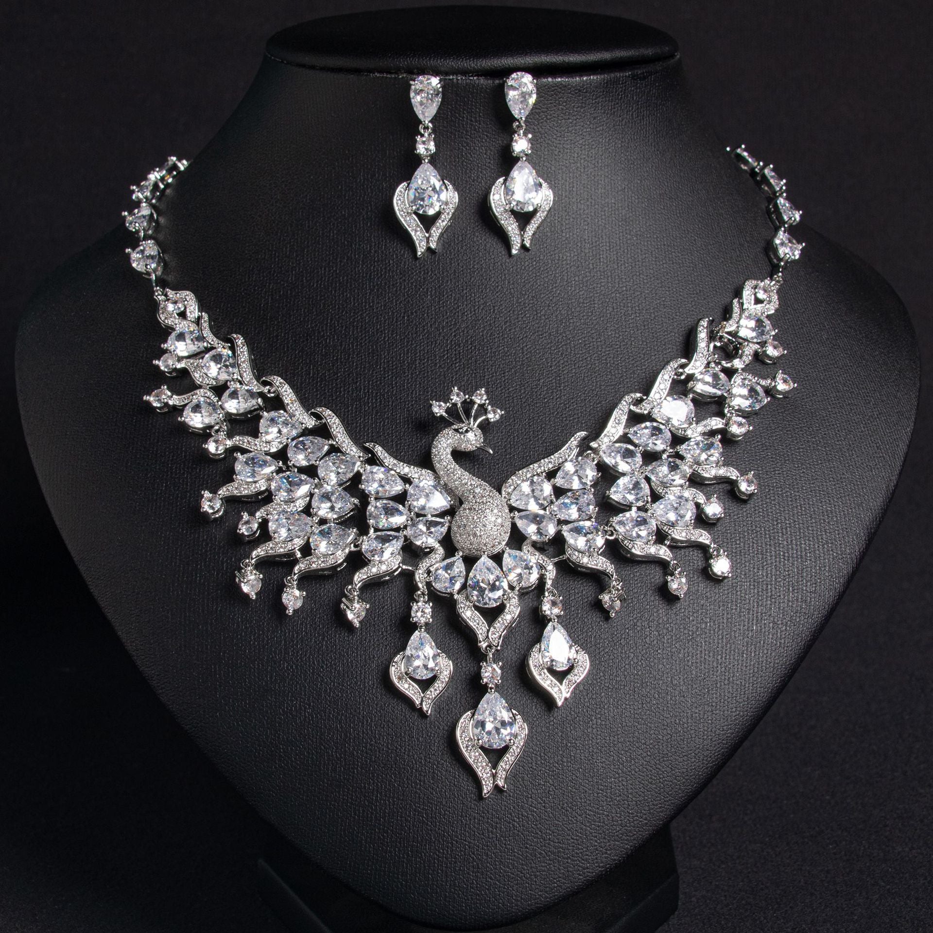 Luxury Multicolor Peacock Crystal Necklace and Earrings Jewelry Set