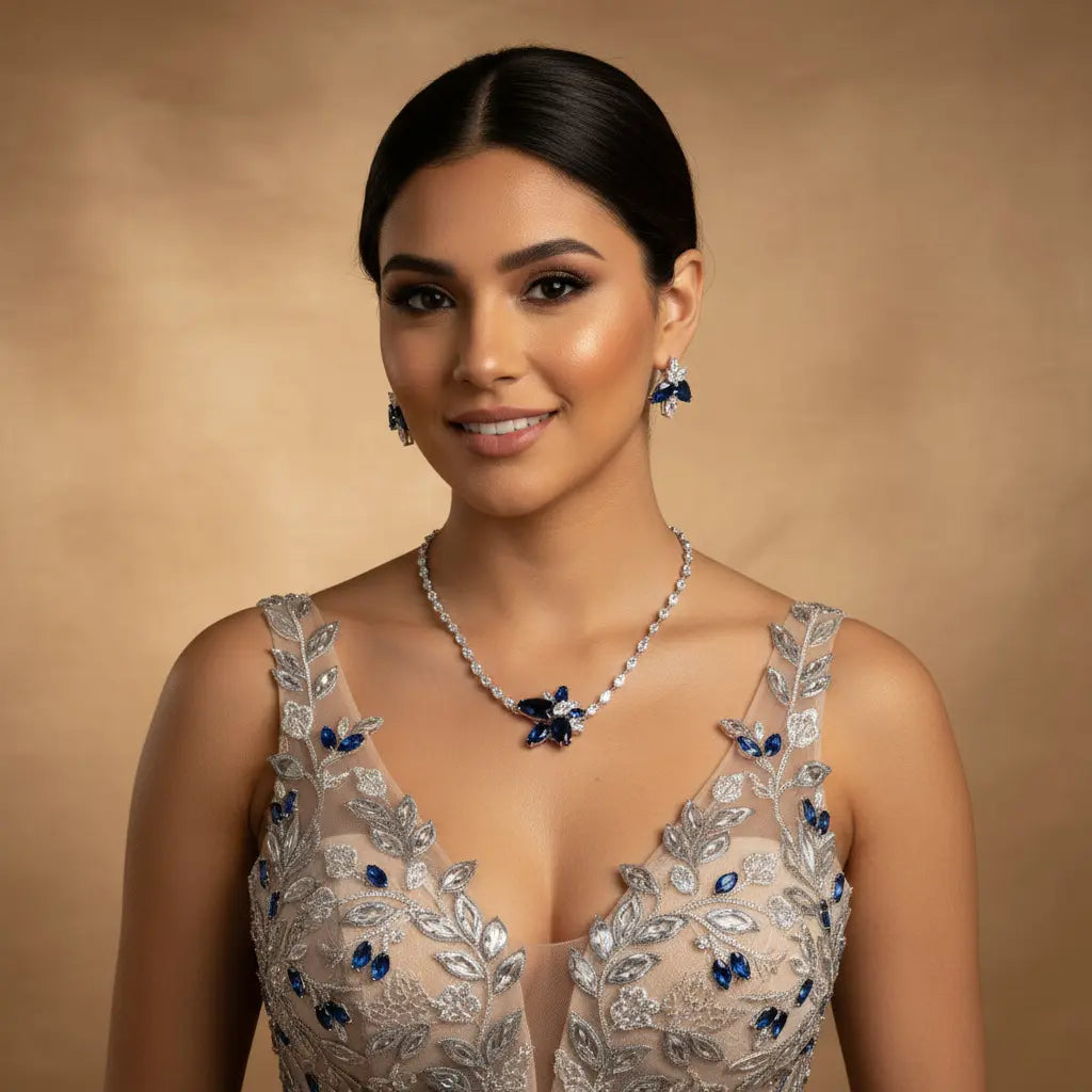 Luxury Navy Blue Crystal Necklace and Earrings Jewelry Set