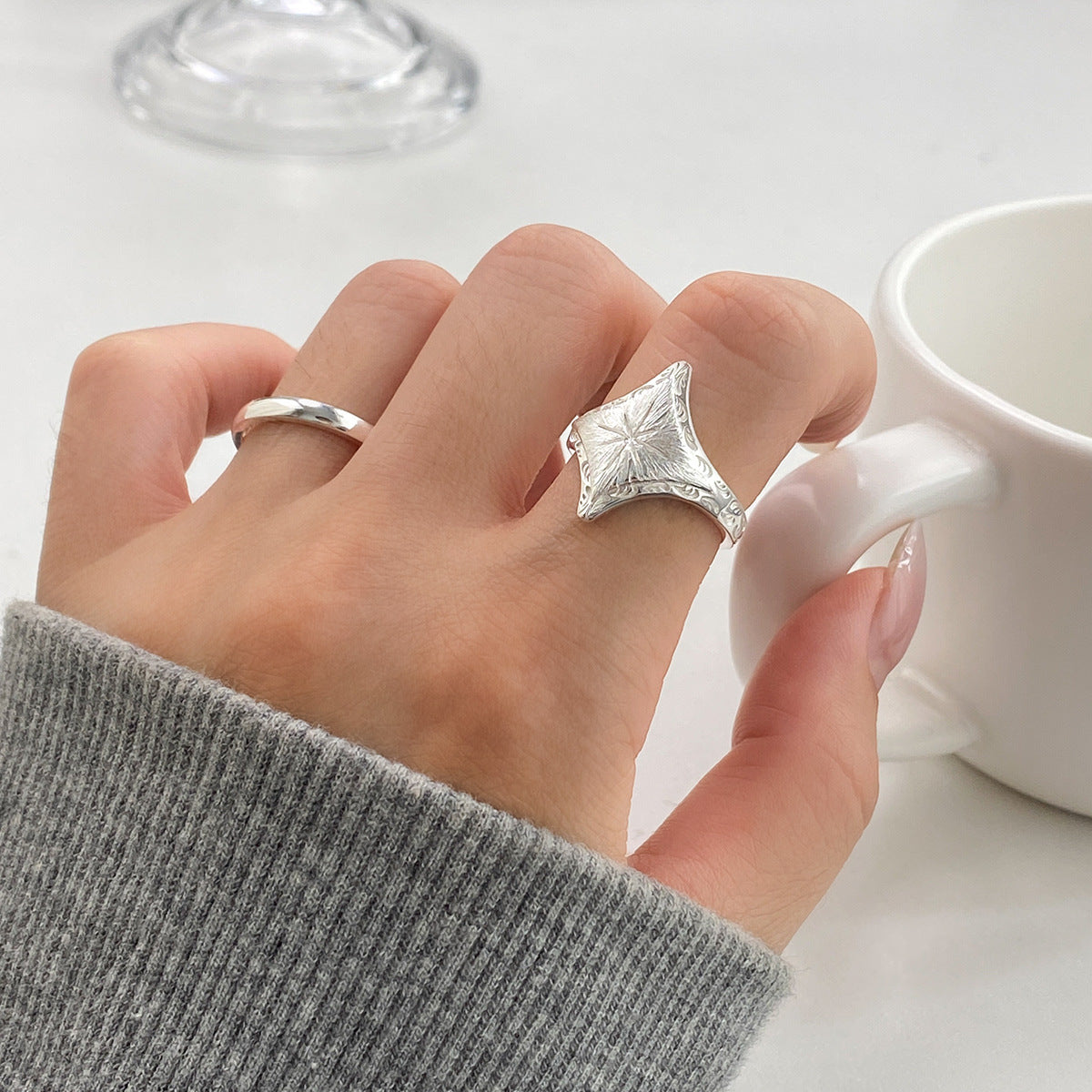 S925 Sterling Silver Vintage Brushed Four Pointed Star Ring