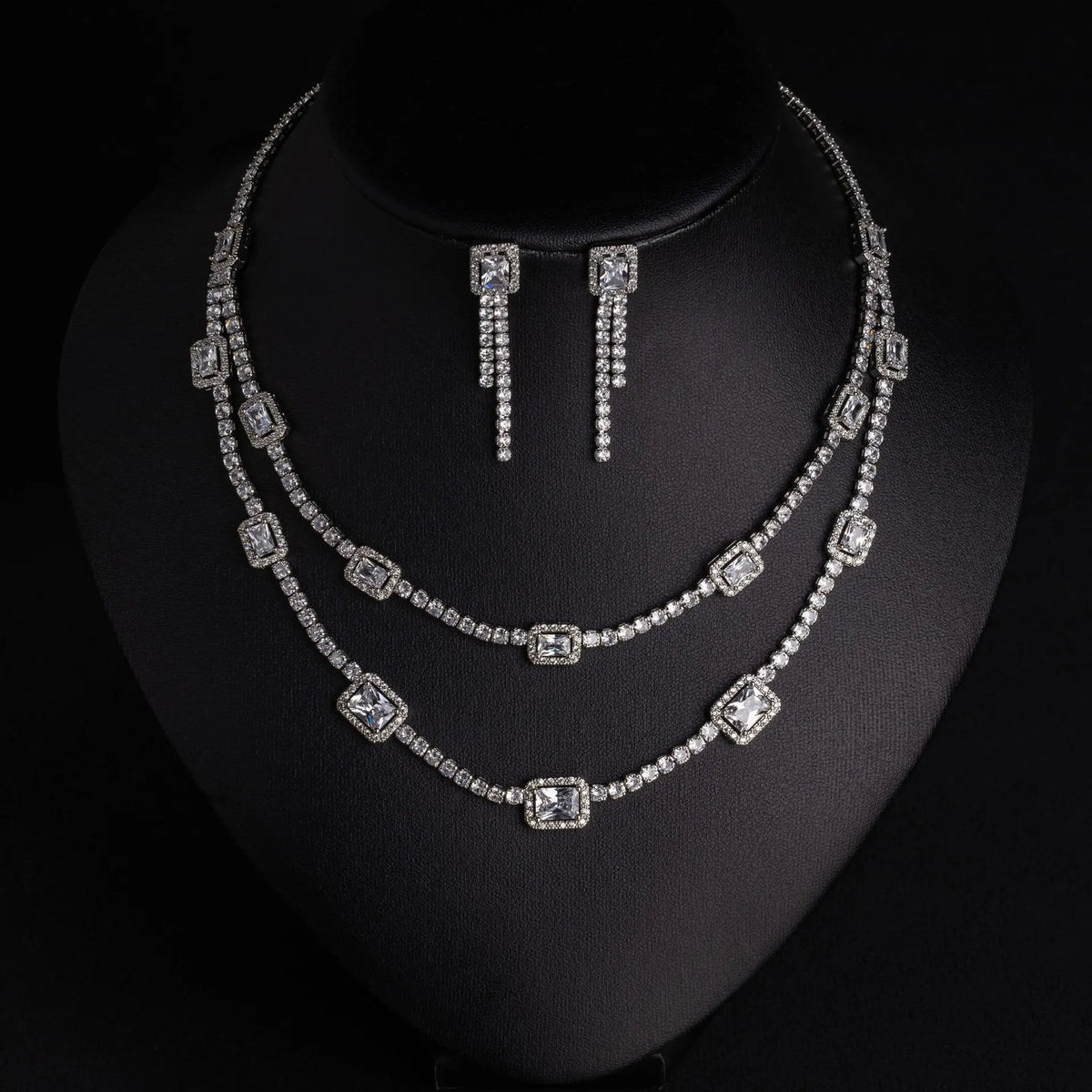 Luxury Ruby Crystal Necklace Earrings Set – Sparkling Silver Statement Jewelry