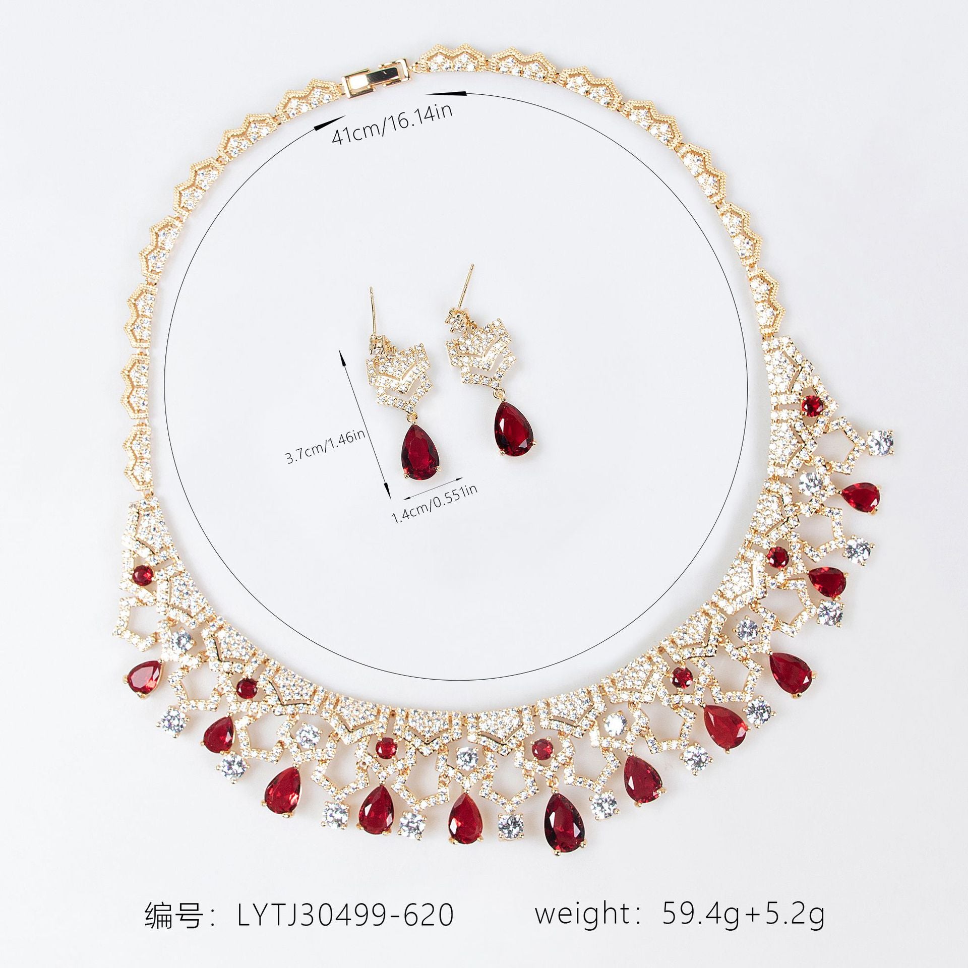 Parure de bijoux collier et boucles d'oreilles pendantes rouge rubis de luxe
