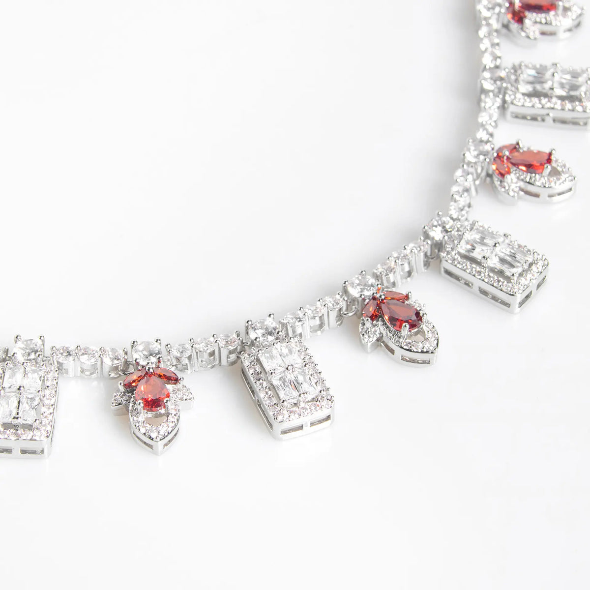 Luxury Ruby Red Baguette Crystal Necklace Set for Women – Geometric Drop Jewelry with Matching Earrings