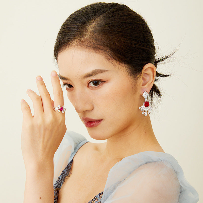 Premium Heavy Craft Gold Plated Red Diamond Earrings