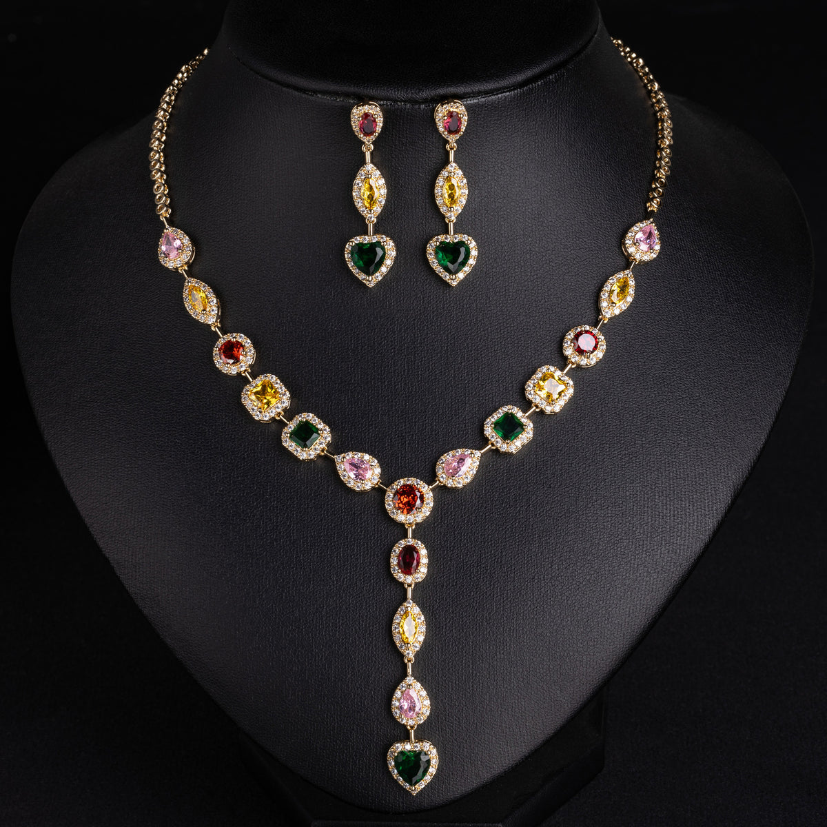 Luxury Multicolor Gemstone Heart Necklace Set for Women – Elegant Y-Drop Jewelry with Matching Earrings
