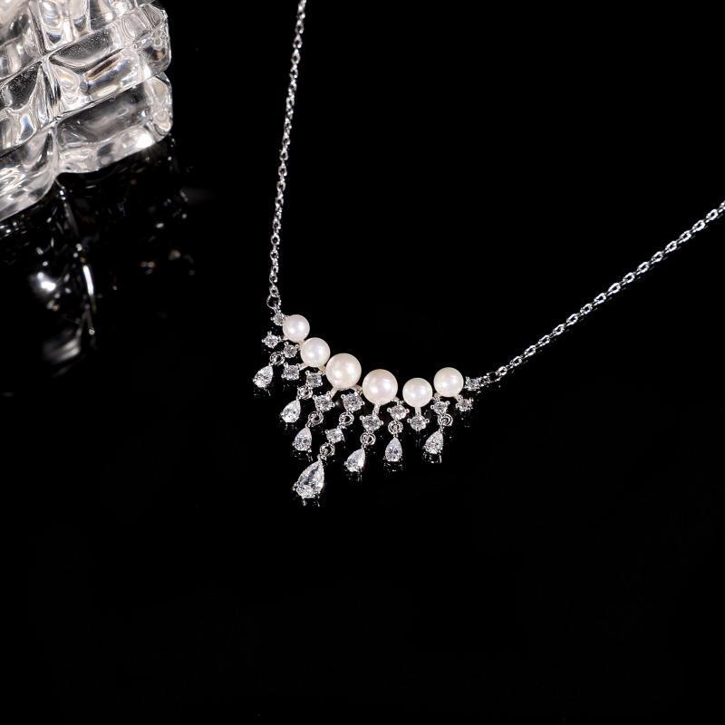 S925 Sterling Silver Water Drop Fringed Pearl Necklace