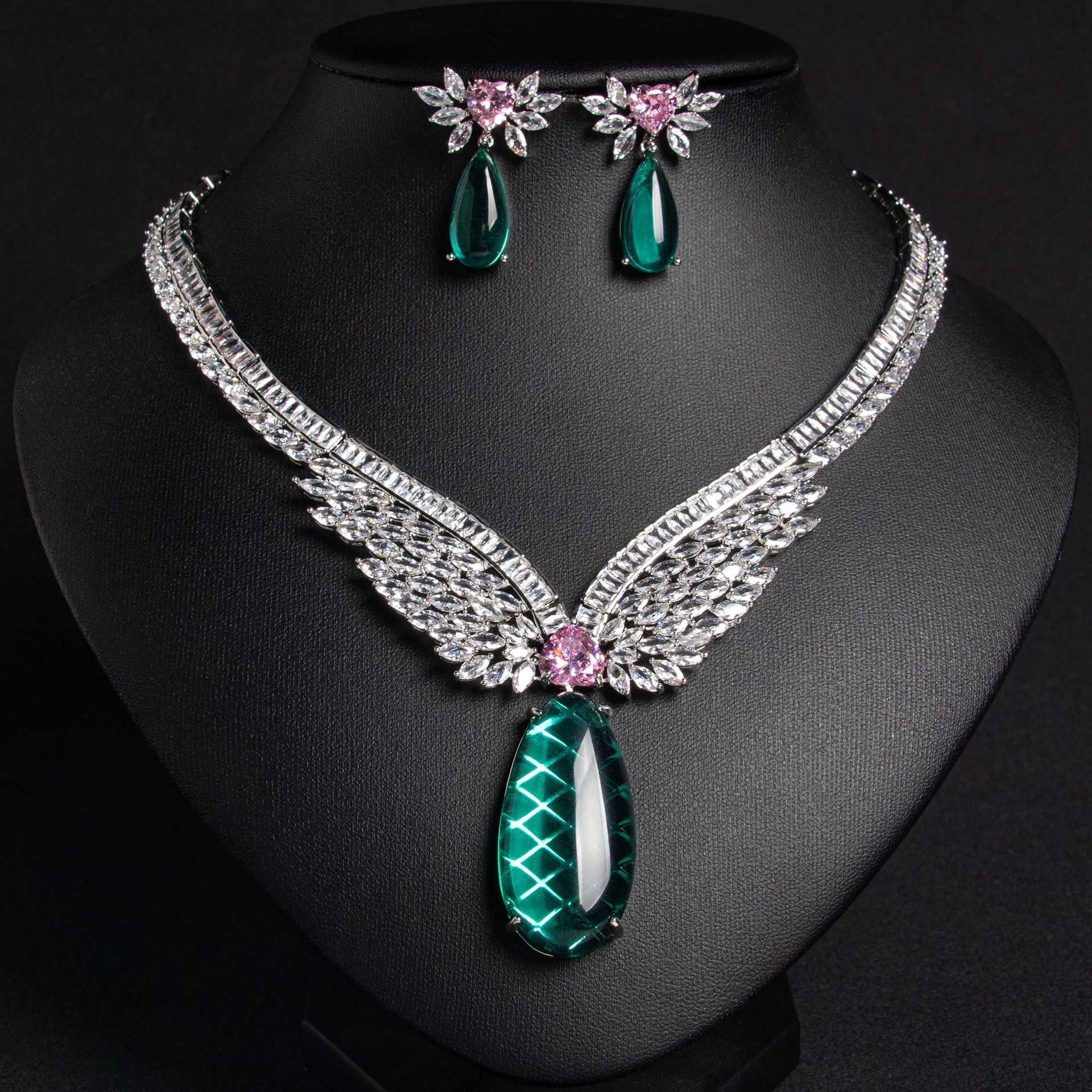 French Medieval Zircon Necklace Earrings Set Female Angel Wings