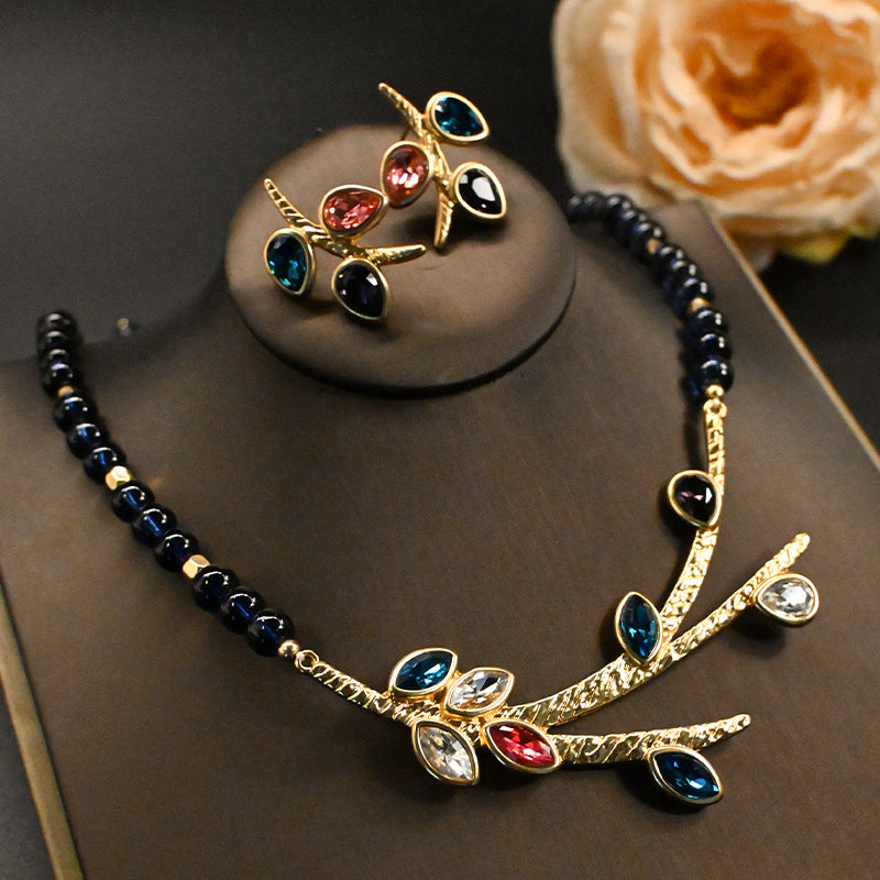 Premium Mixed Color Rhinestone Branches and Leaves Necklace Set