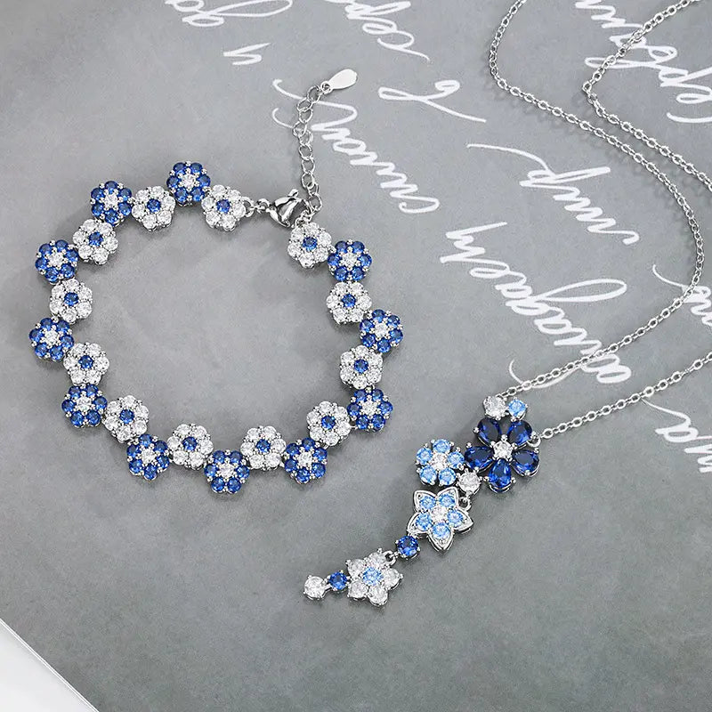 Parure de bijoux en forme de fleur de zircon bleu à la mode, collier, boucles d'oreilles et bracelet