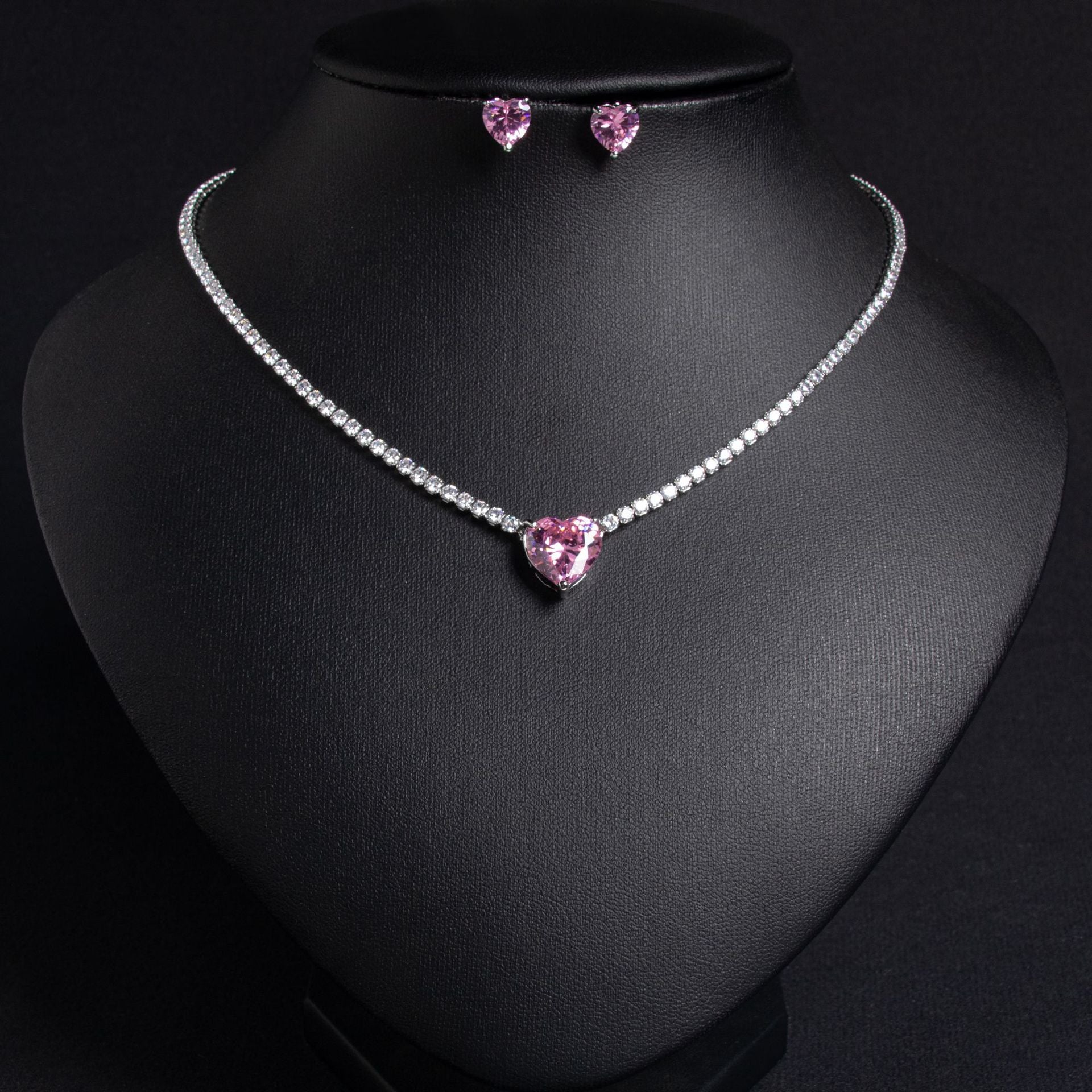 Luxury Pink Heart Crystal Necklace and Earrings Jewelry Set for Women