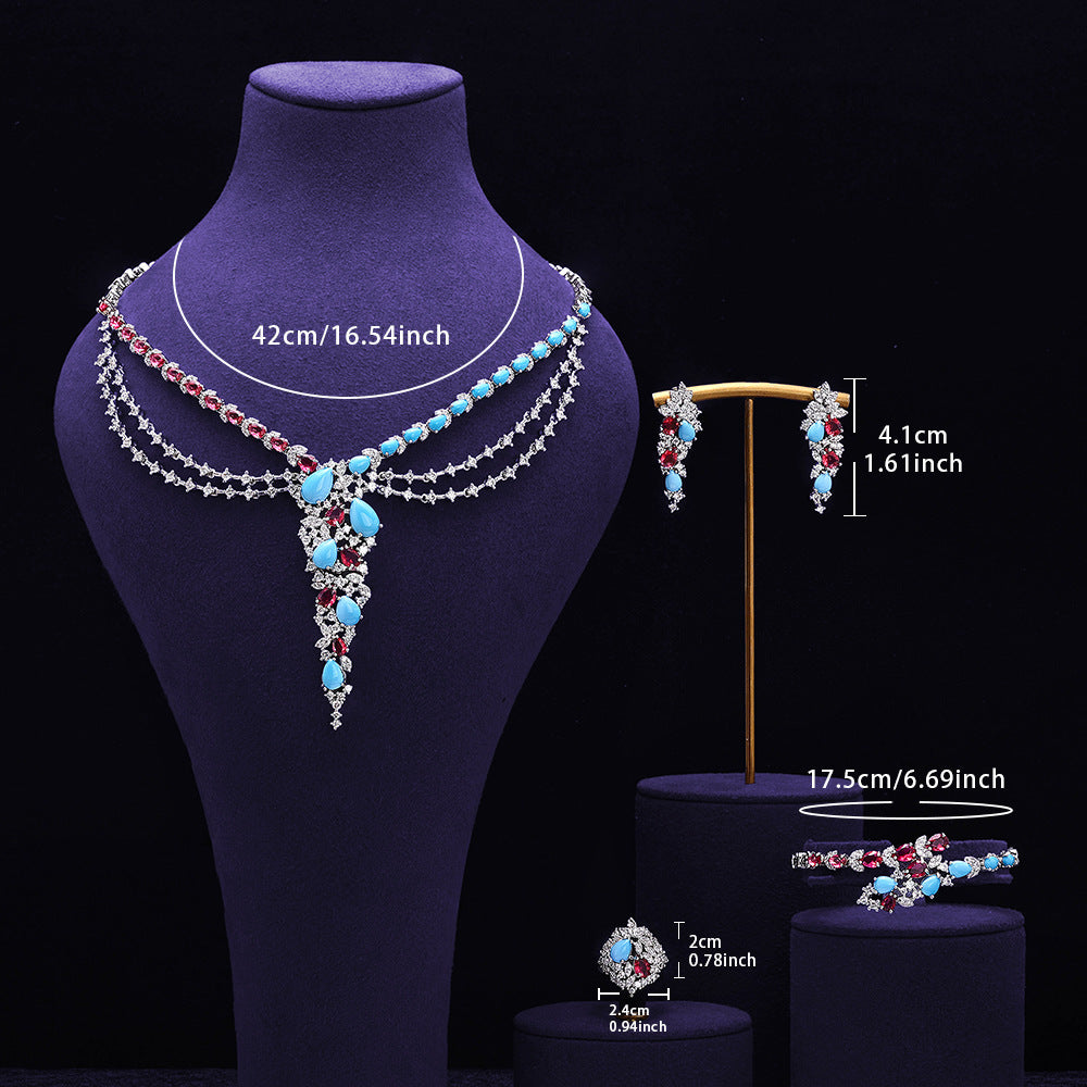 Luxury Blue Red Crystal Jewelry Set Multilayer Necklace Earrings Ring Bracelet Bridal Statement Set for Women