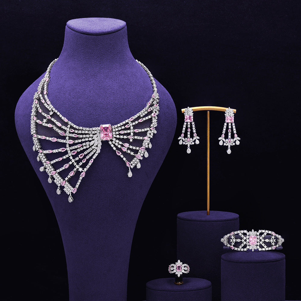 Luxury Red Crystal Bow Style Necklace Earrings Bracelet Ring Jewelry Set