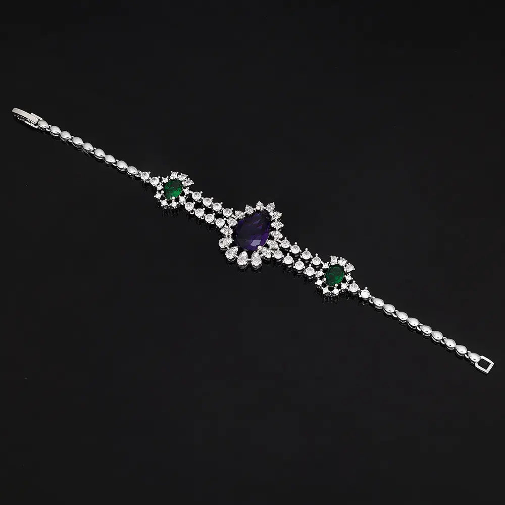 Luxus Lila Grüne Kristall Halskette Ohrringe Armband Ring Schmuckset