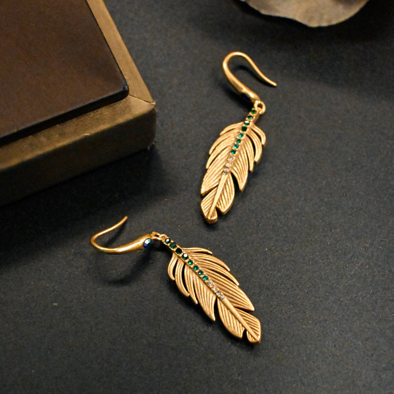 Vintage Brass Rhinestone Feather Earrings