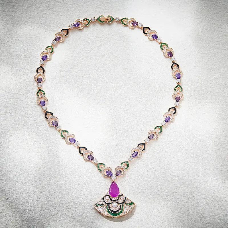Collier Gala Éventail Violet Plaqué Or Fantaisie
