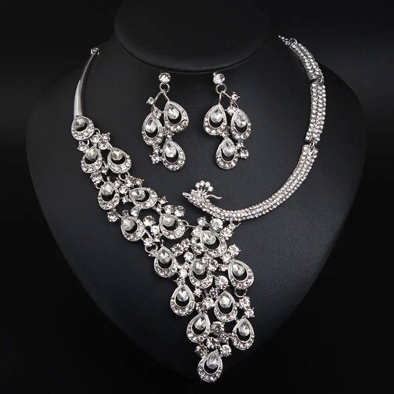 Luxury Multicolor Crystal Peacock Necklace and Earrings Jewelry Set