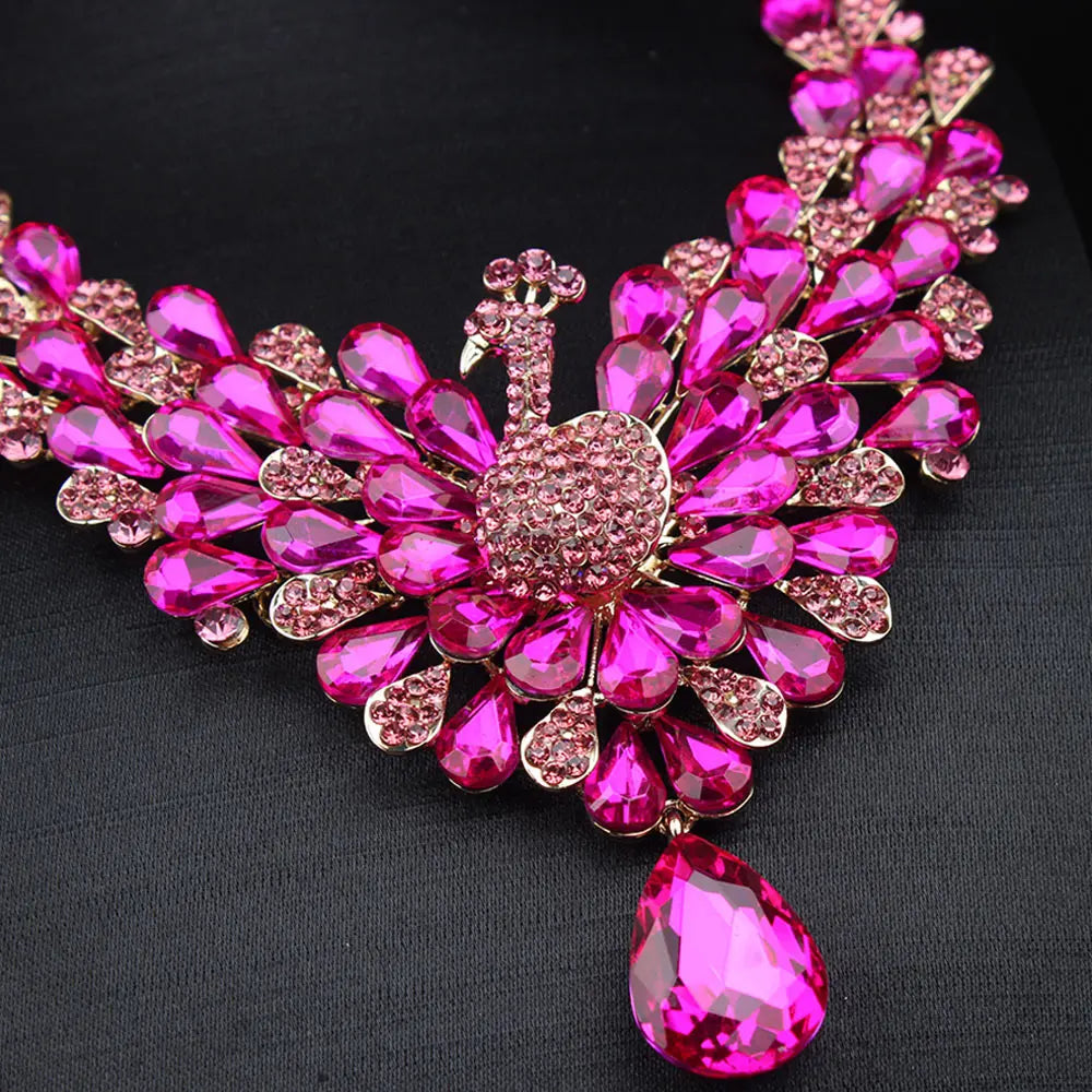 Luxury Emerald Green Peacock Crystal Necklace and Earrings Jewelry Set