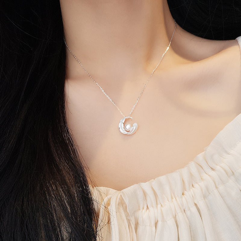 S925 Sterling Silver Gold Plated Feather Pearl Necklace