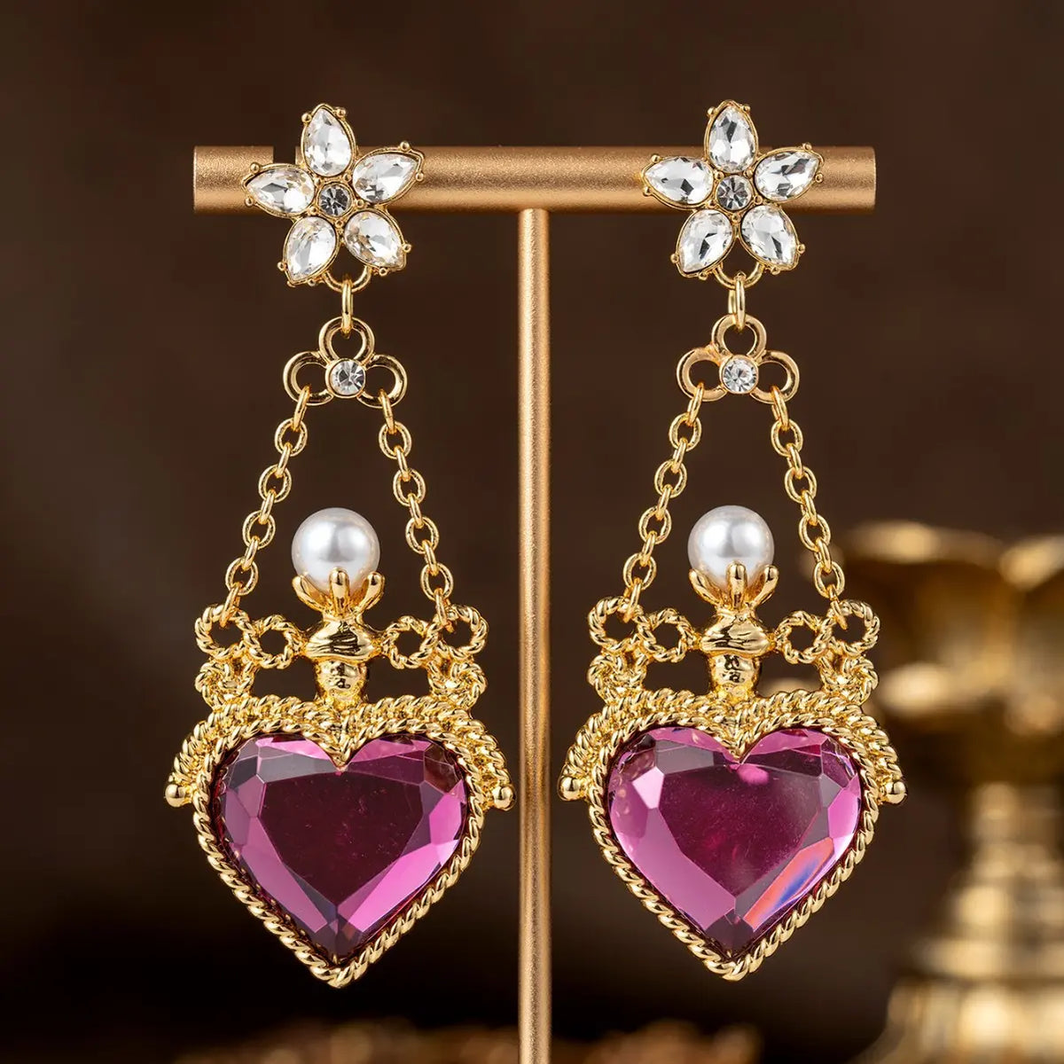 Boucles d'oreilles pendantes de luxe en cristal cœur rose et perles pour femmes