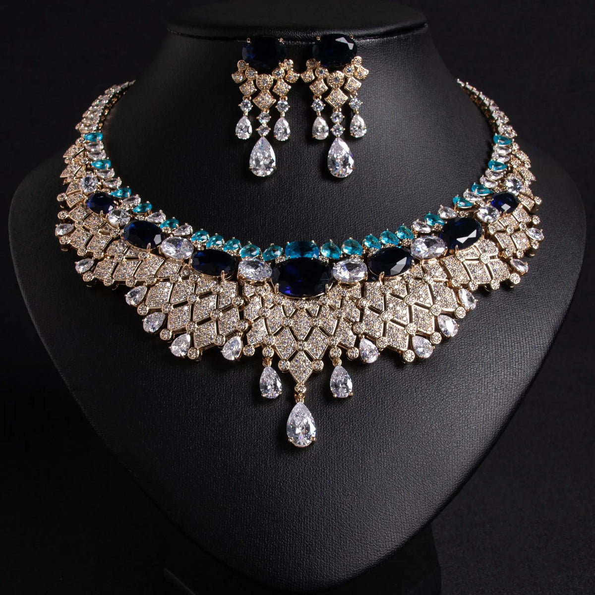 Luxury Ruby Red Crystal Statement Necklace and Earrings Jewelry Set