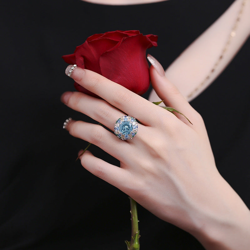 Fashion sea blue high carbon diamond ring