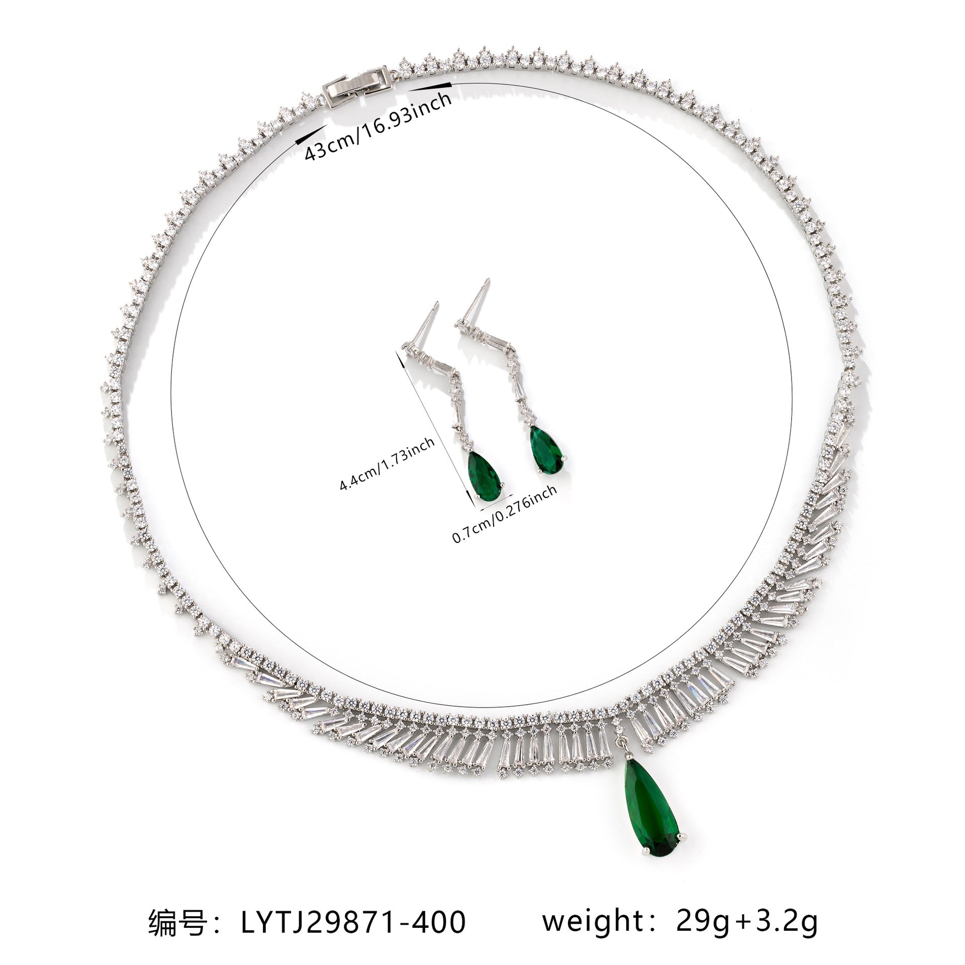 Elegant Emerald Crystal Jewelry Set – Silver Necklace Earrings for Women