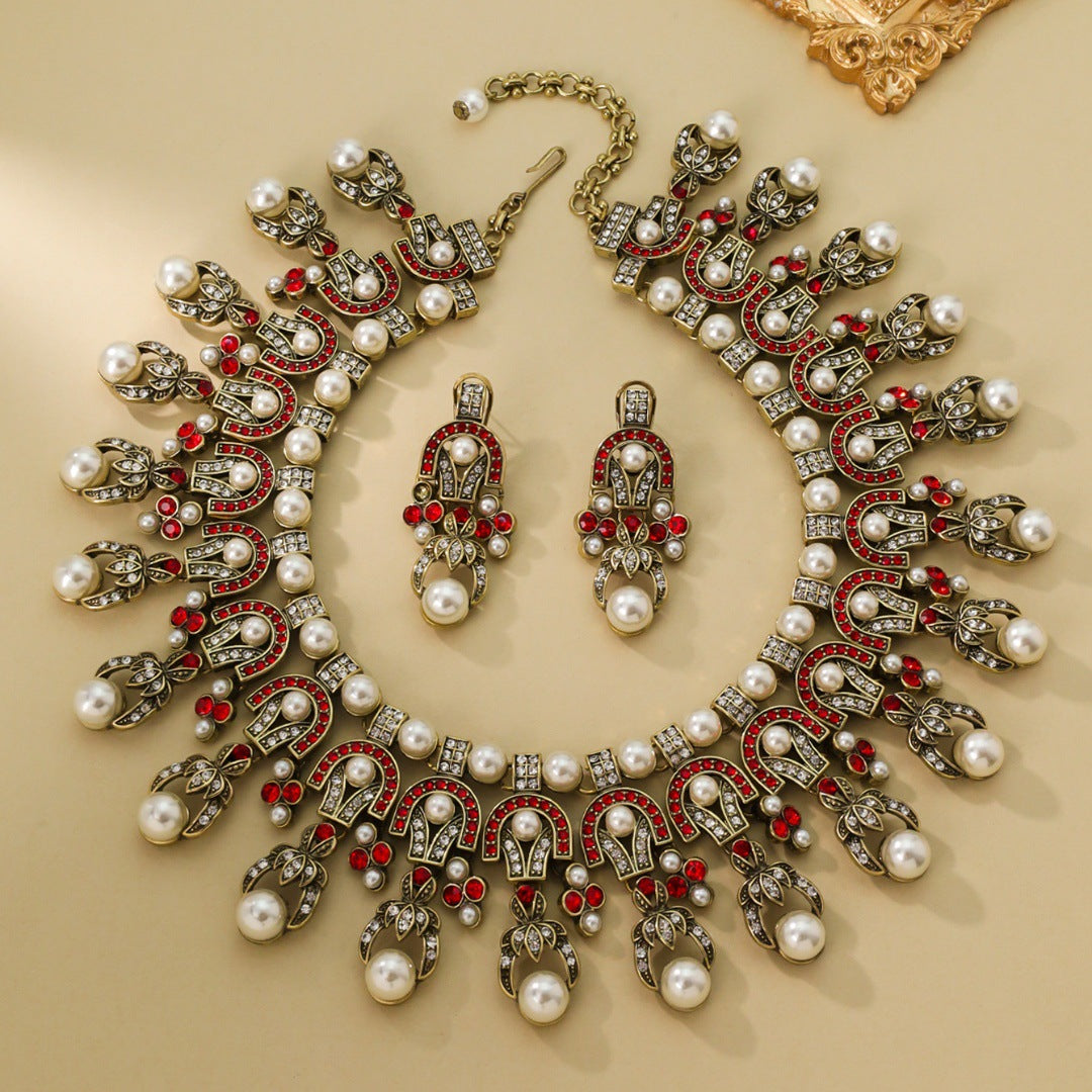 Pearl fringed necklace earrings, medieval set, earrings necklace