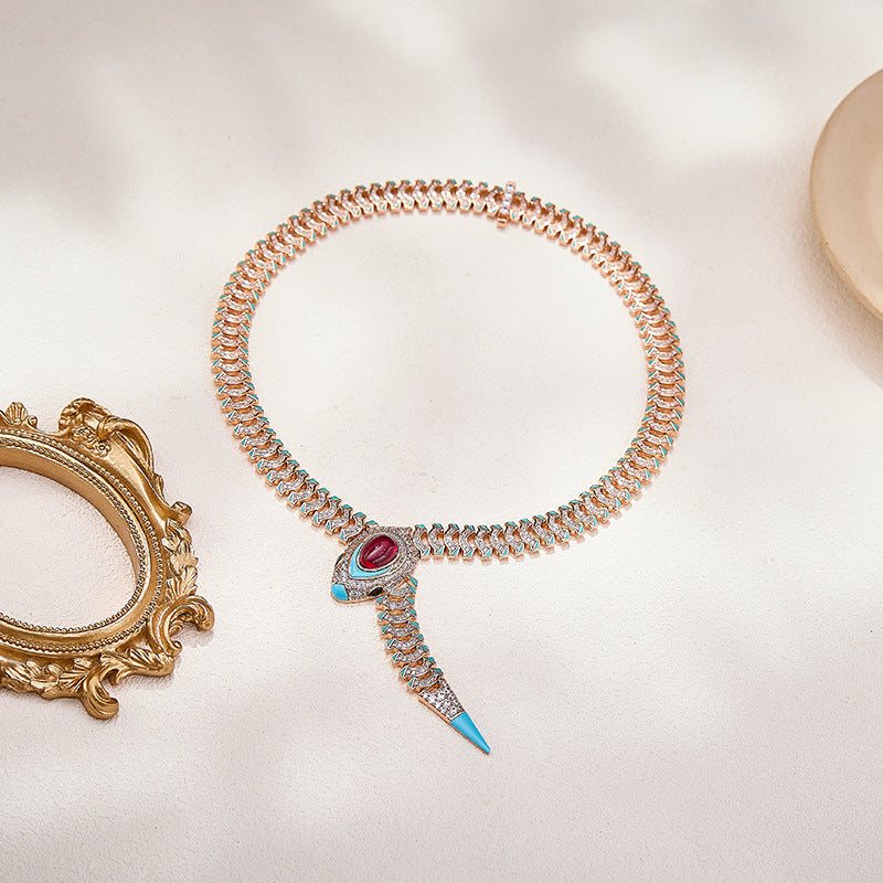 Luxury Rose Gold Statement Jewelry Set Snake Design Necklace Earrings with Ruby Blue Enamel Accent for Women