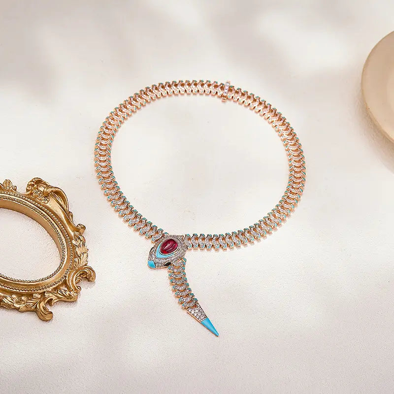 Luxury Rose Gold Statement Jewelry Set Snake Design Necklace Earrings with Ruby Blue Enamel Accent for Women