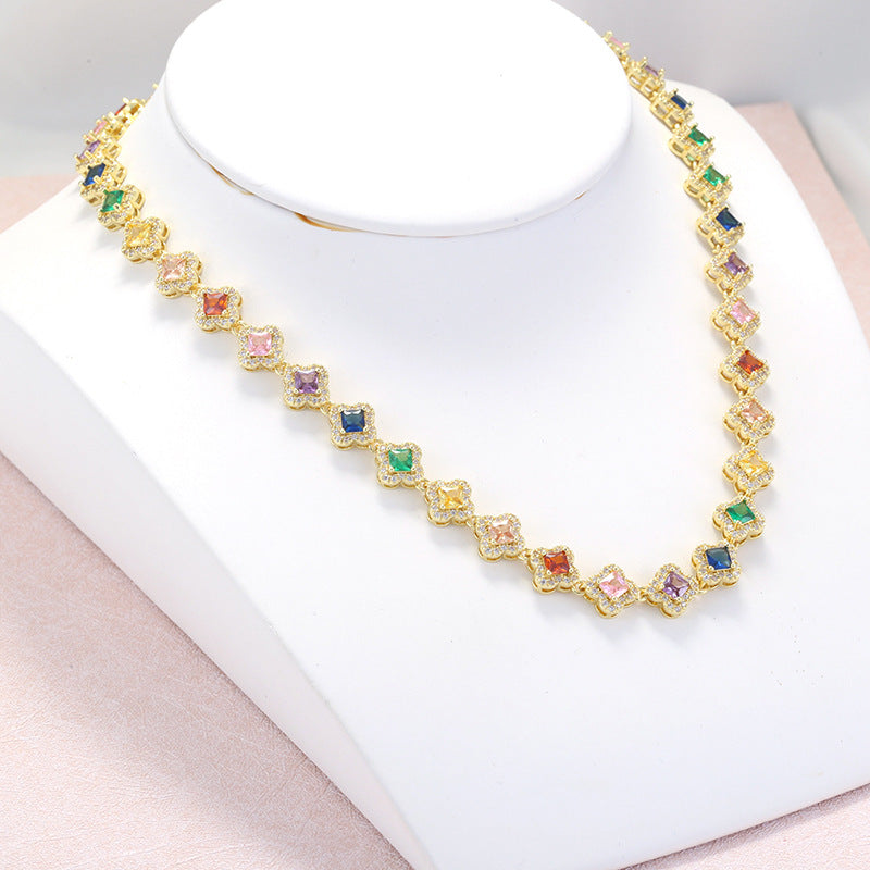 Light Luxury Copper with Colored Diamonds Lucky Clover Necklace