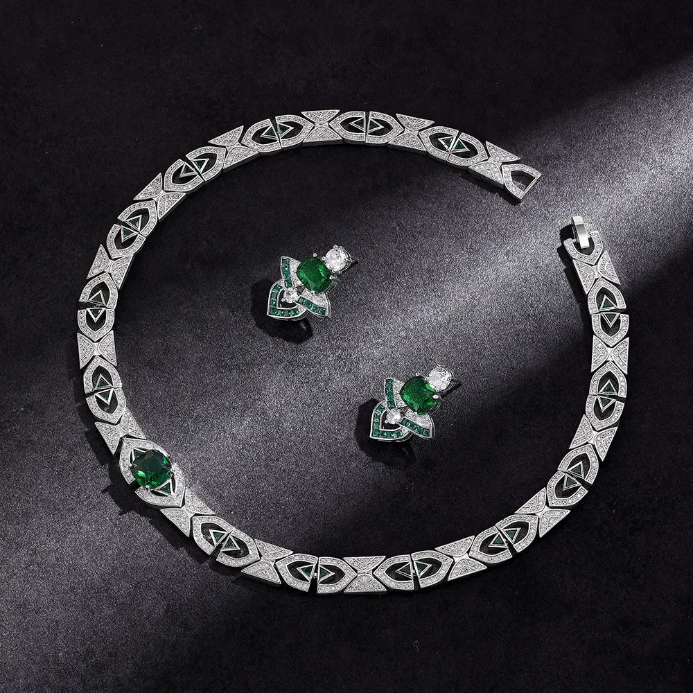 Luxury Green Crystal Geometric Necklace Set Silver Tone Statement Jewelry Set Earrings for Women