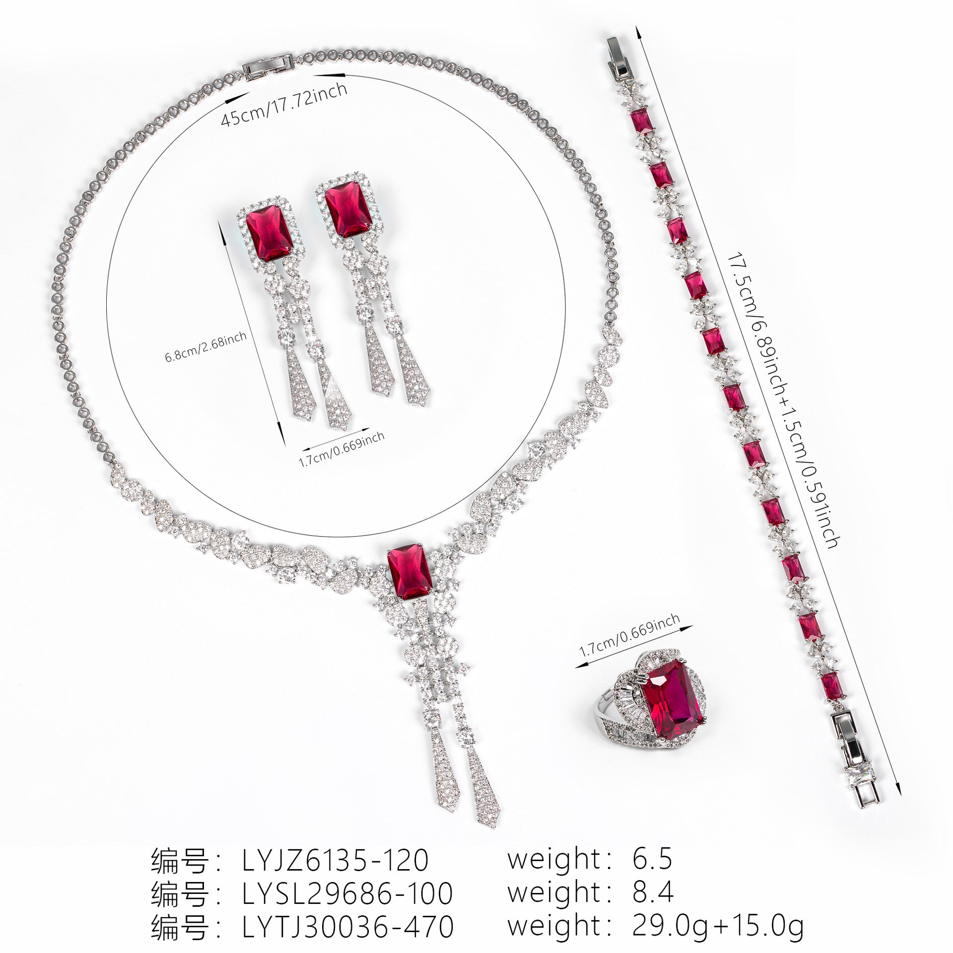 Luxury Ruby Red Crystal Jewelry Set – Necklace Earrings Ring Bracelet for Women