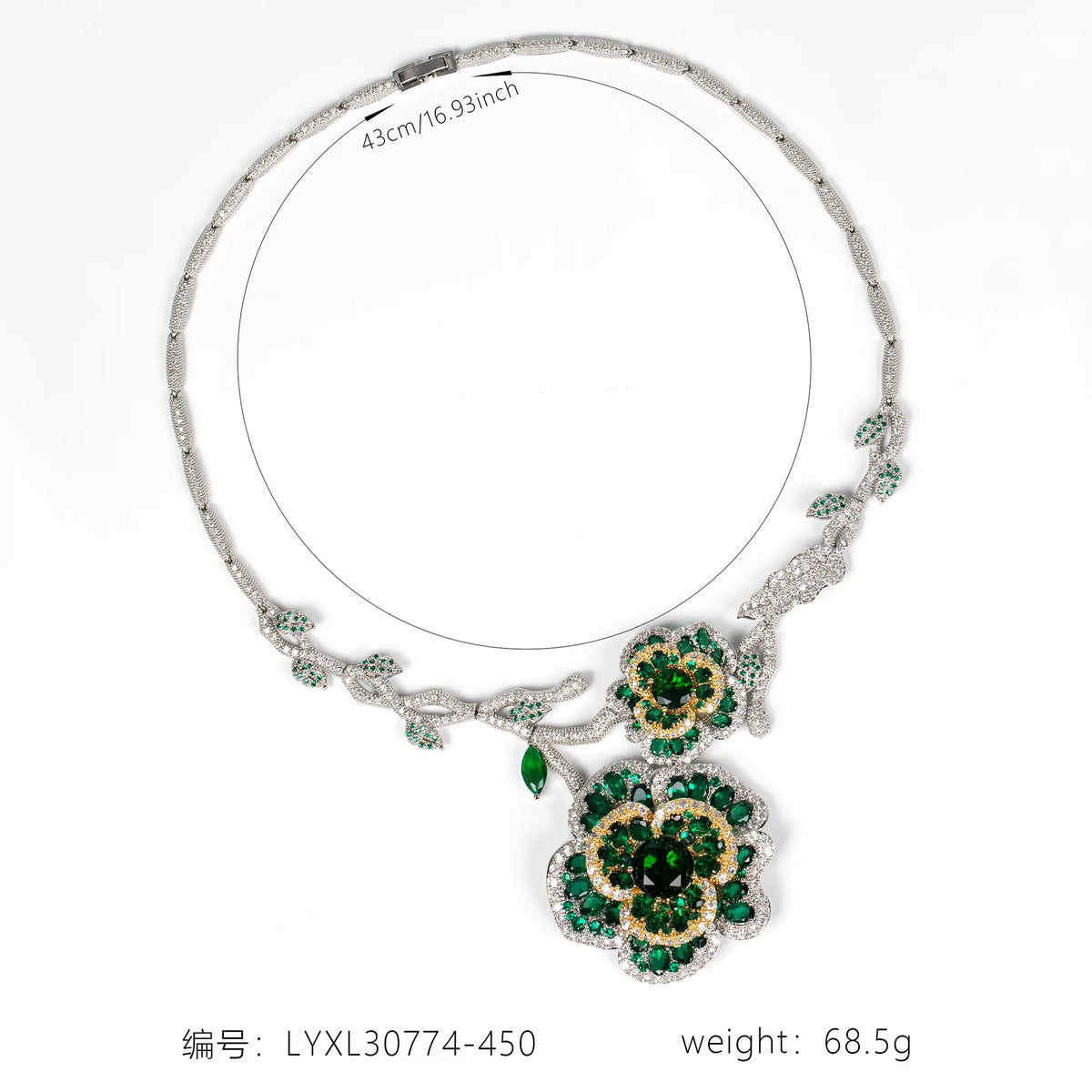 Parure de bijoux de luxe pour femme, collier et boucles d'oreilles floraux en cristal vert émeraude