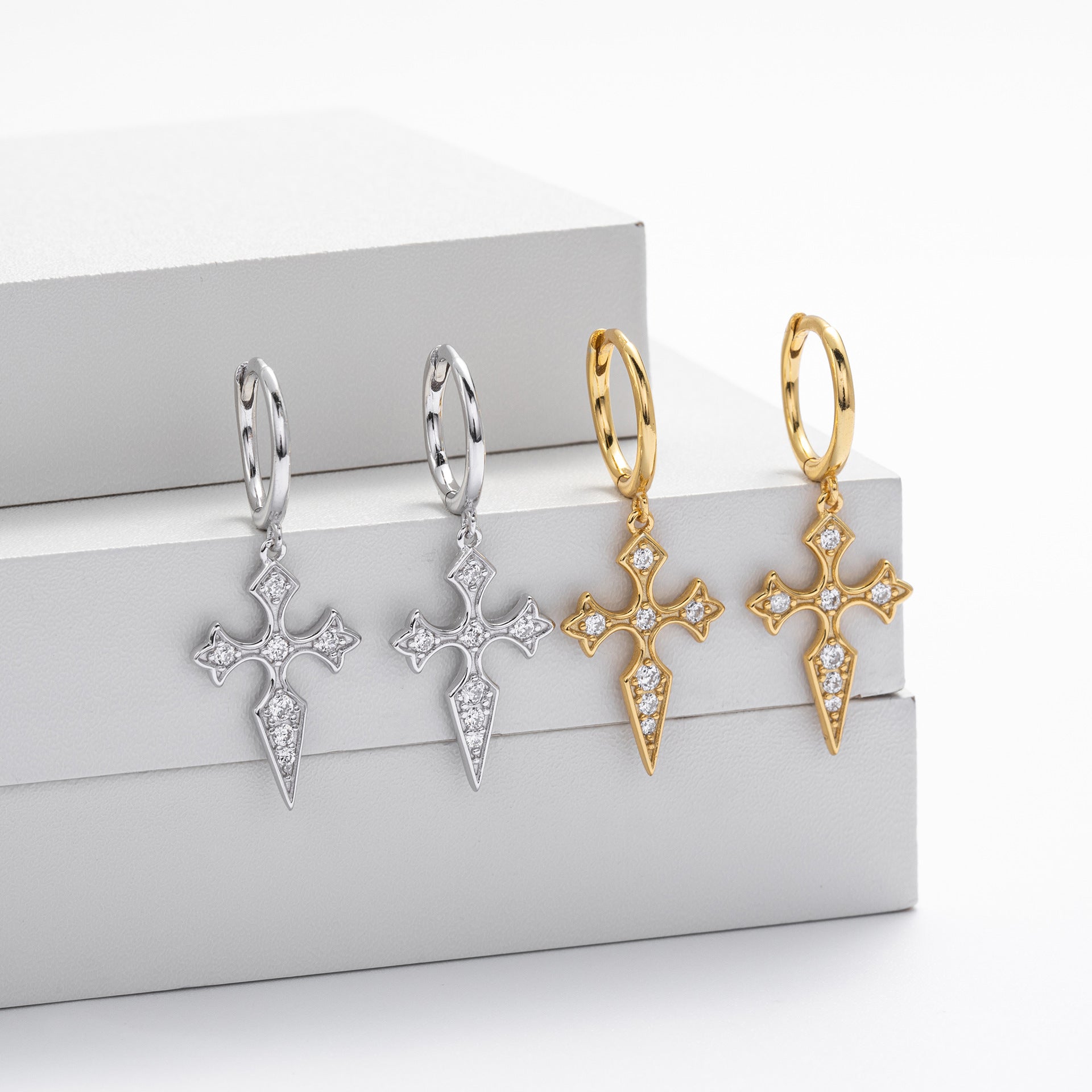 S925 sterling silver Baroque diamond studded cross earrings