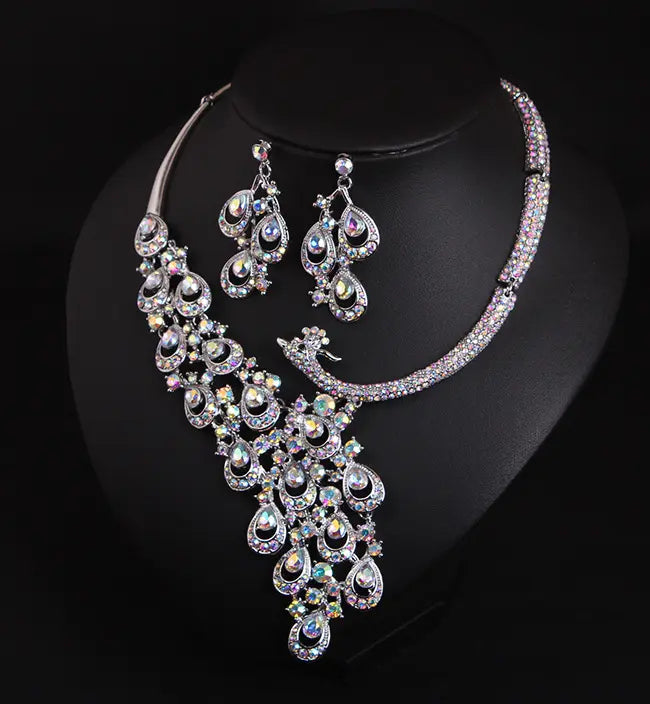 Luxury Multicolor Crystal Peacock Necklace and Earrings Jewelry Set