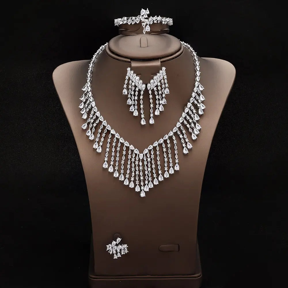 Luxury Silver Crystal Fringe Necklace Set Earrings Ring Bracelet Bridal Wedding Statement Jewelry for Women Elegant Sparkling Set