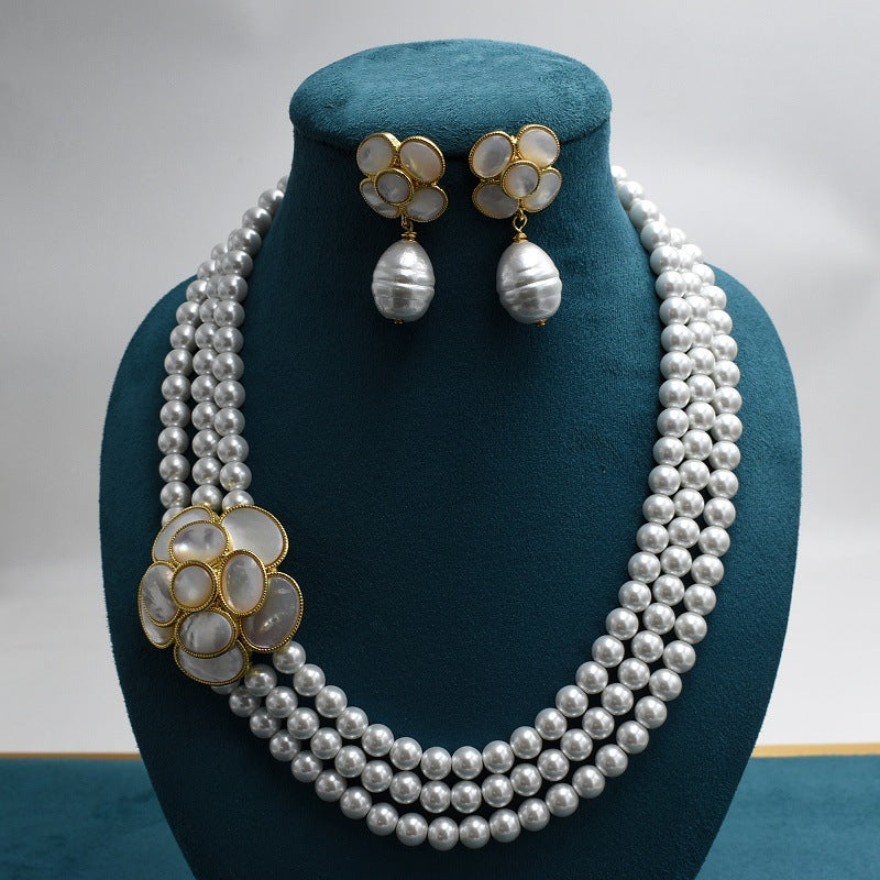 French retro natural white shell camellia pearl stud earrings necklace set