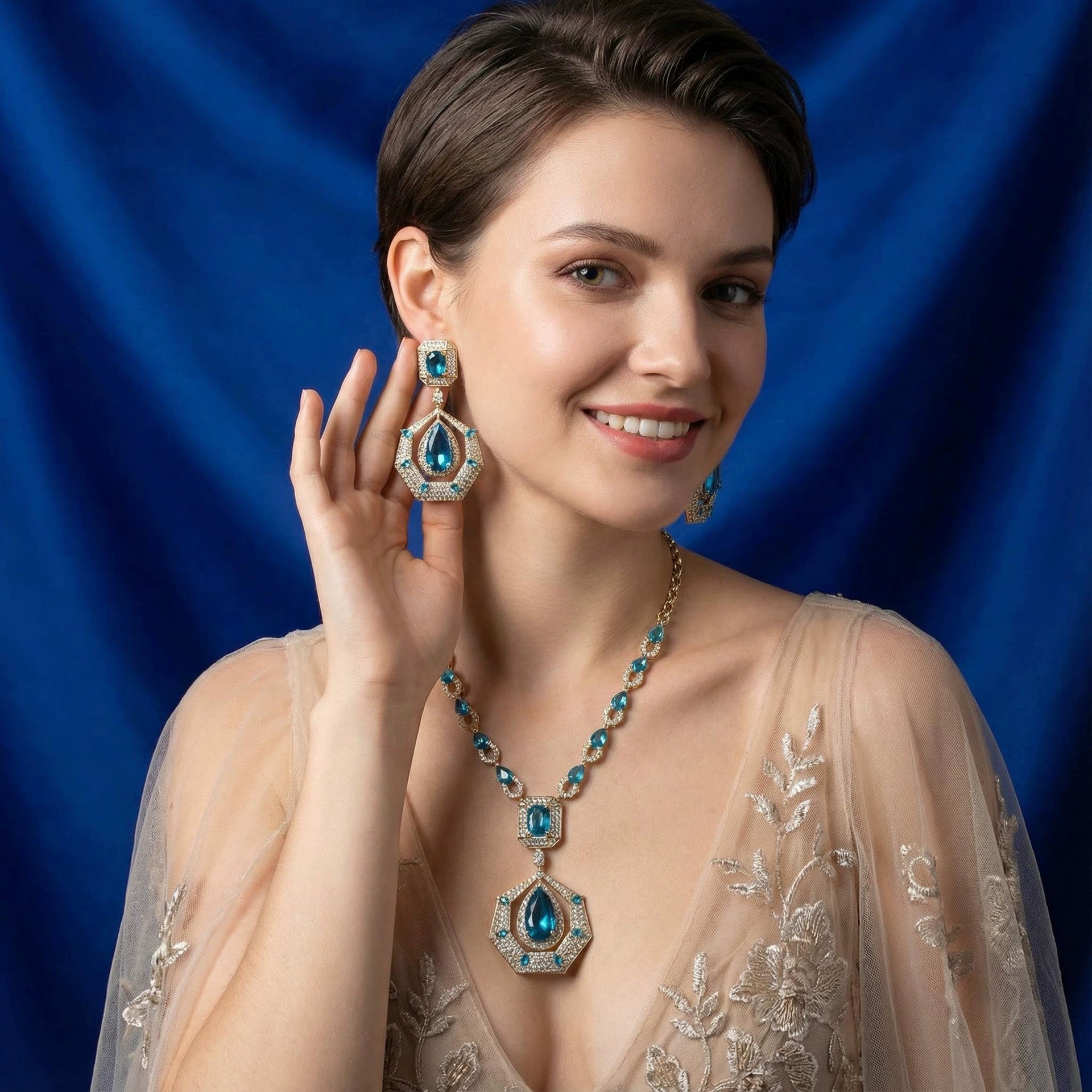 Luxury White Crystal Geometric Necklace and Earrings Jewelry Set