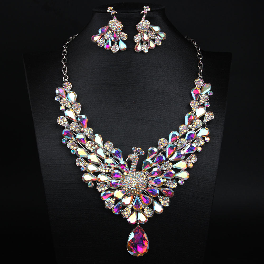 Luxury Emerald Green Peacock Crystal Necklace and Earrings Jewelry Set