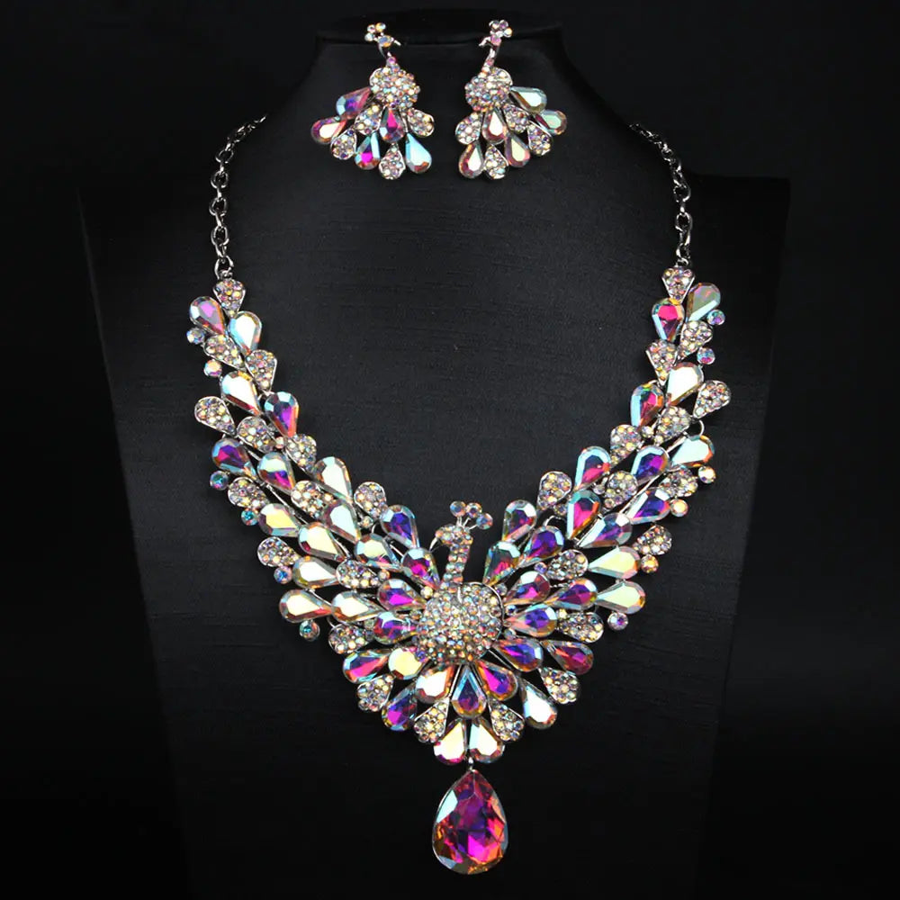 Luxury Emerald Green Peacock Crystal Necklace and Earrings Jewelry Set