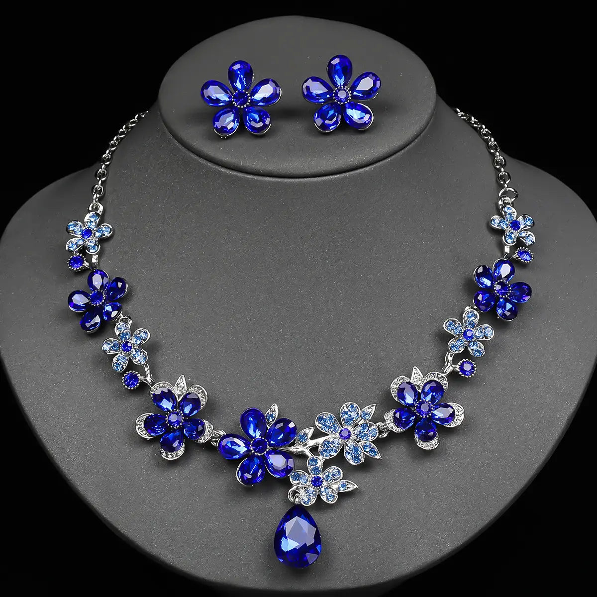 Parure Collier Boucles d'Oreilles Fleur en Cristal Vintage